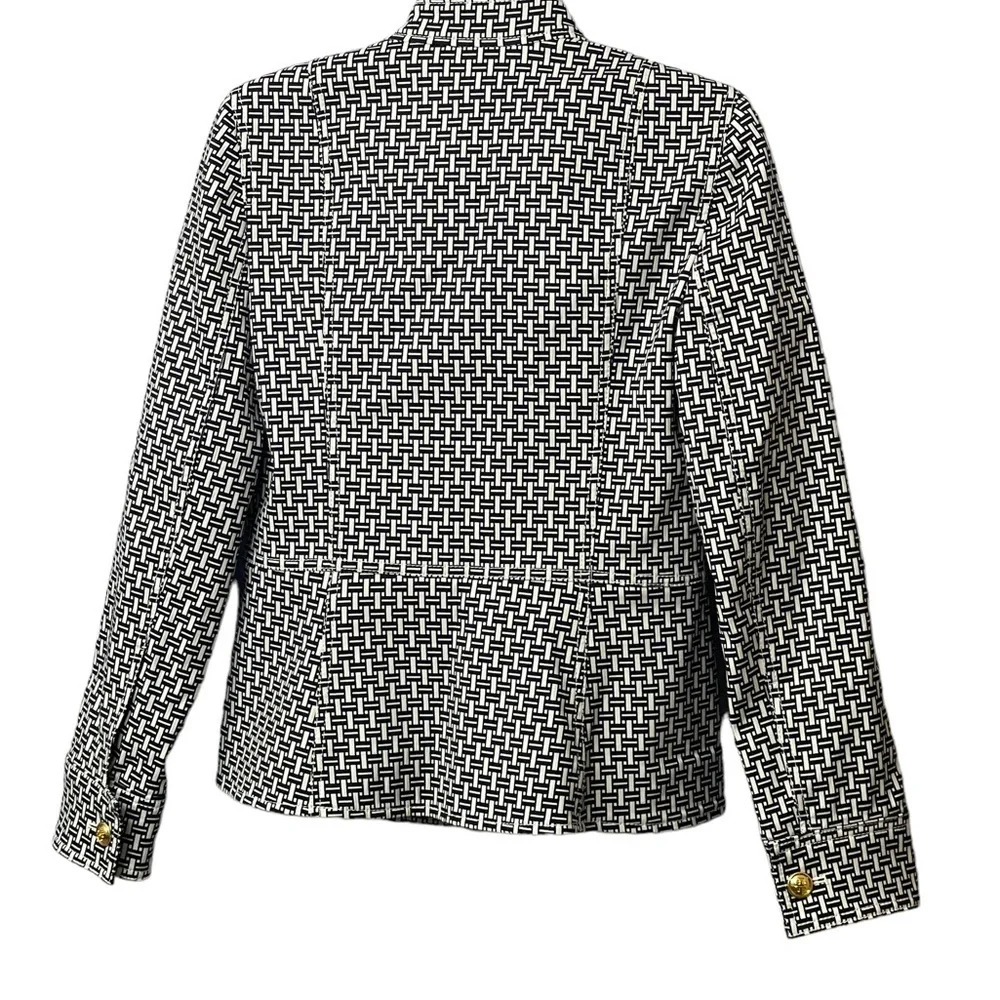 Tory Burch Cameron Crosshatch-print Jacket IvoryNavy with a Mandarin Collar SZ 2